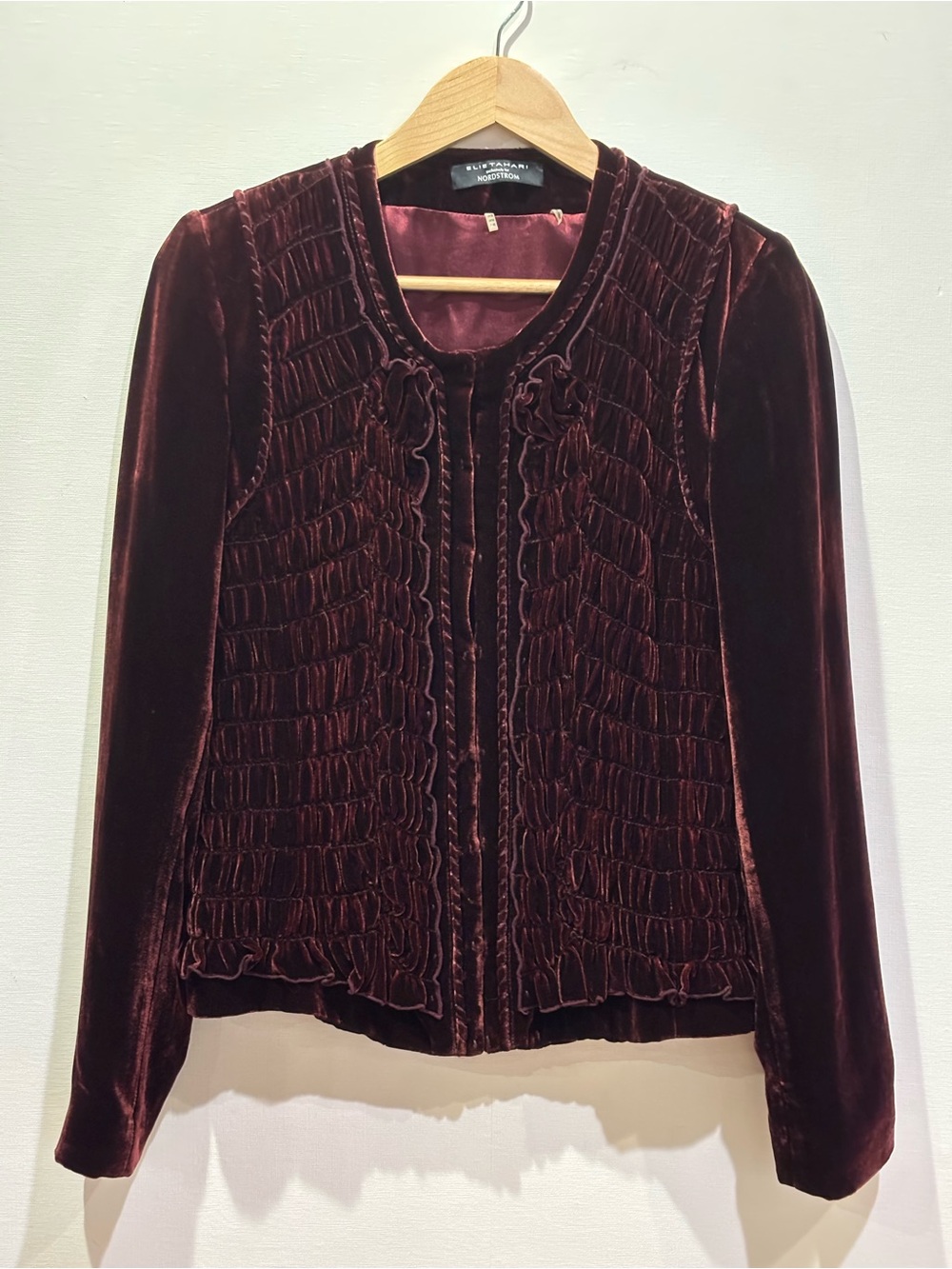 Elie Tahari Deep Burgundy Velvet Ruffled Blazer